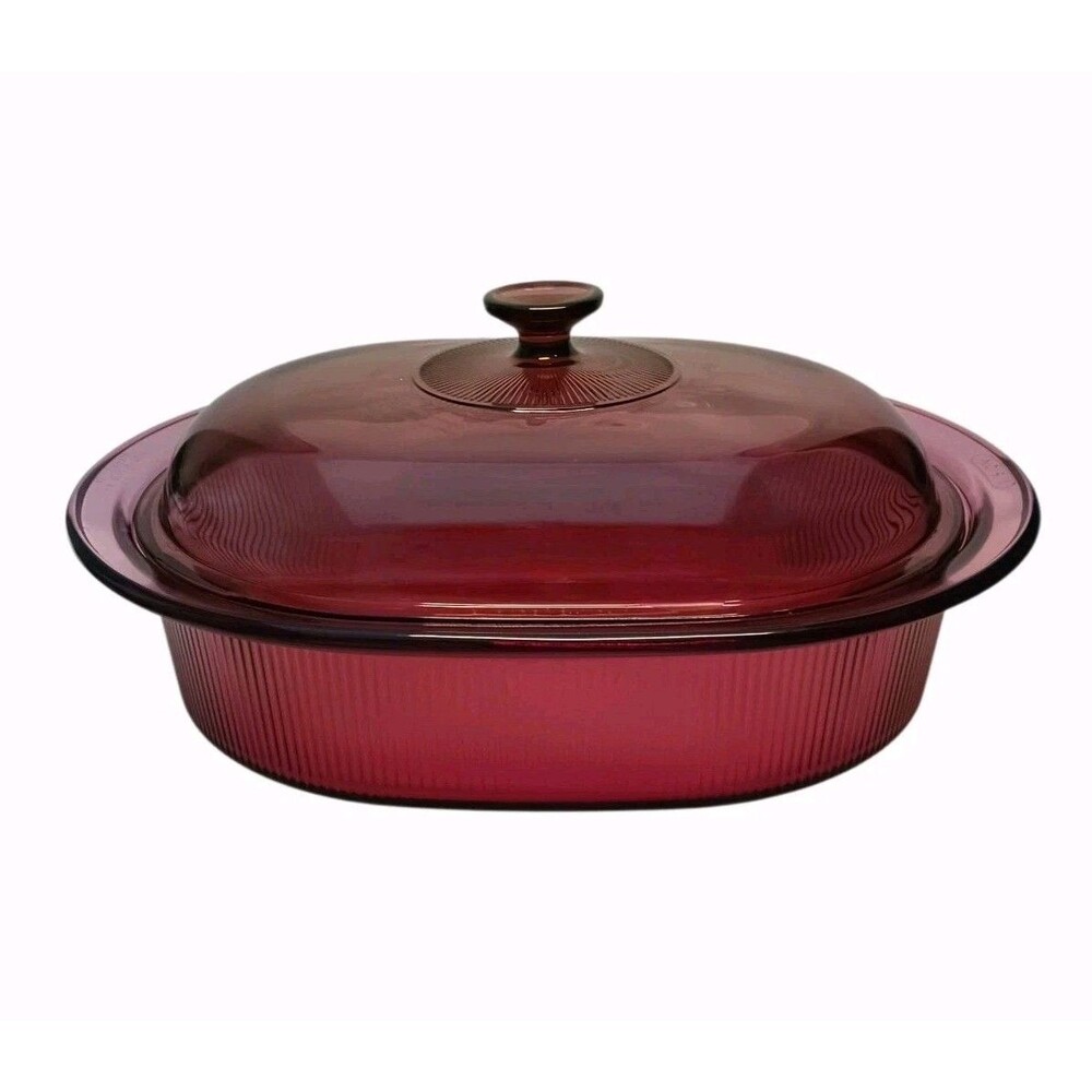 Visions Corning Cranberry 4L 4Qt Oval Casserole Roaster V-34B & Pyrex Lid V-34C